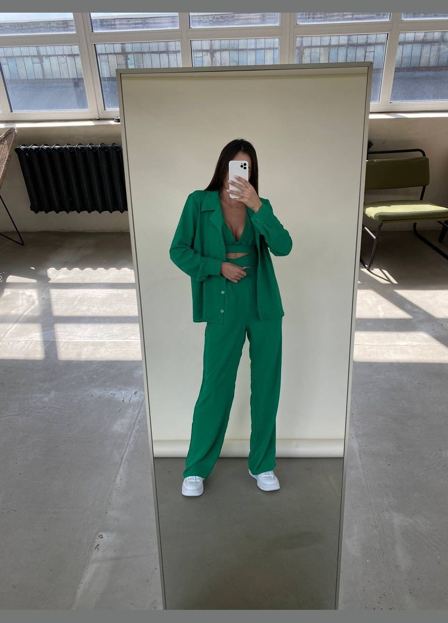 Женский зеленый костюм комплект 3-ка (рубашка, брюки, топ) стильный качественный трендовый летний No Brand костюм (291881985)