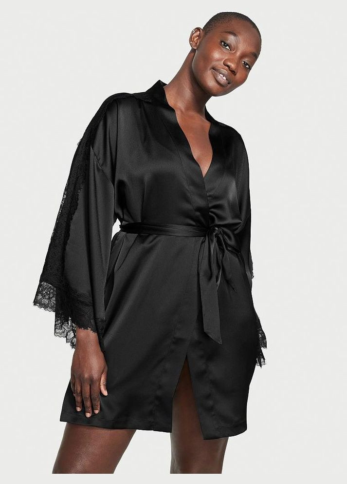 Жіночий сатиновий халат Lace Inset Robe XL/XXL чорний Victoria's Secret (282964743)