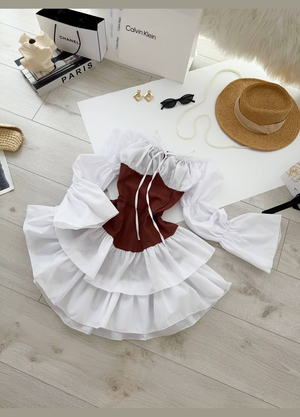 Кавова кежуал сукня з довгим рукавом з пишною спідницею Adelante однотонна