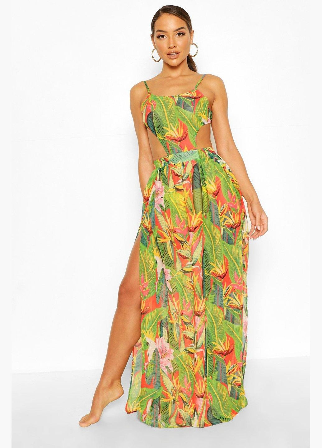 Зеленое пляжное платье Boohoo с цветочным принтом