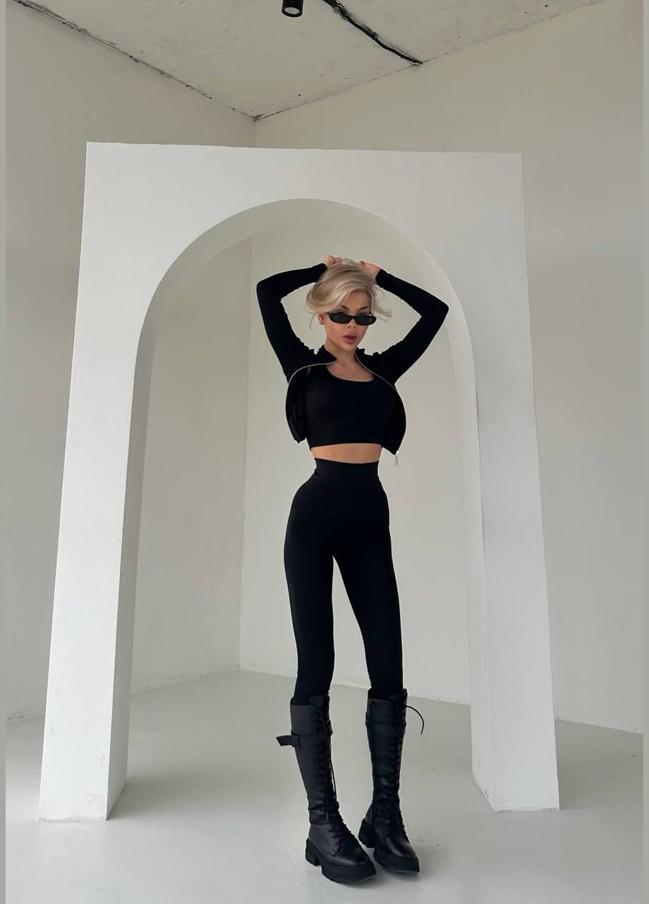 Жіночий костюм легінси топ та кофта колір чорний р.42/44 451030 New Trend (282926373)