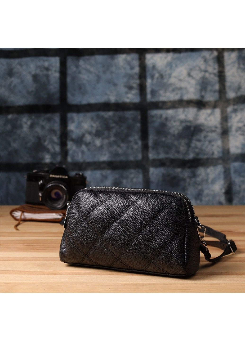Стильна сумка прошита ромбами з натуральної шкіри 22930 Чорний Vintage (356452189)
