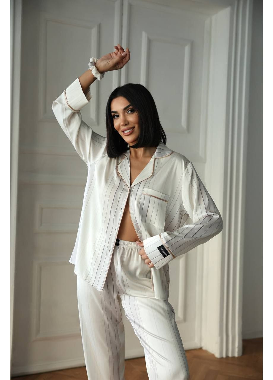 Белая всесезон женская пижама | белая с кантом рубашка + брюки Vital-Textile 1270