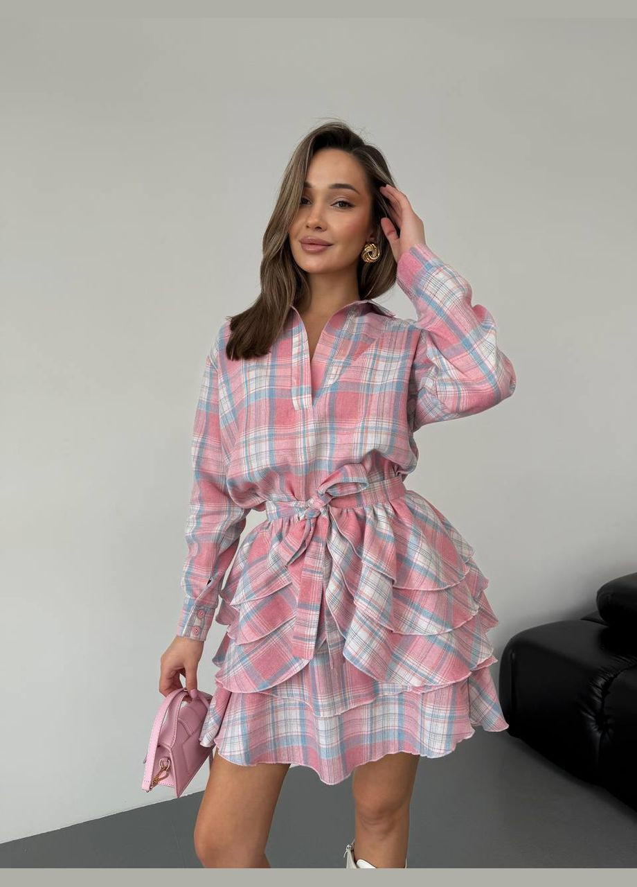 Розовое повседневный, кэжуал стильное необычное кэжуал мини платье Vakko в клетку