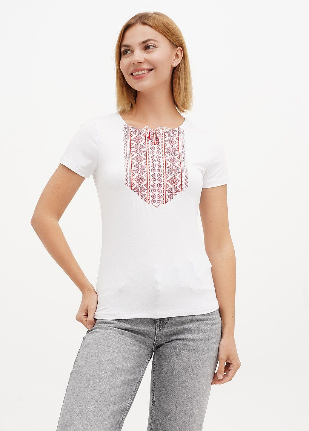 Біла жіноча вишита футболка мережка червона, біла Lesia (335077564)