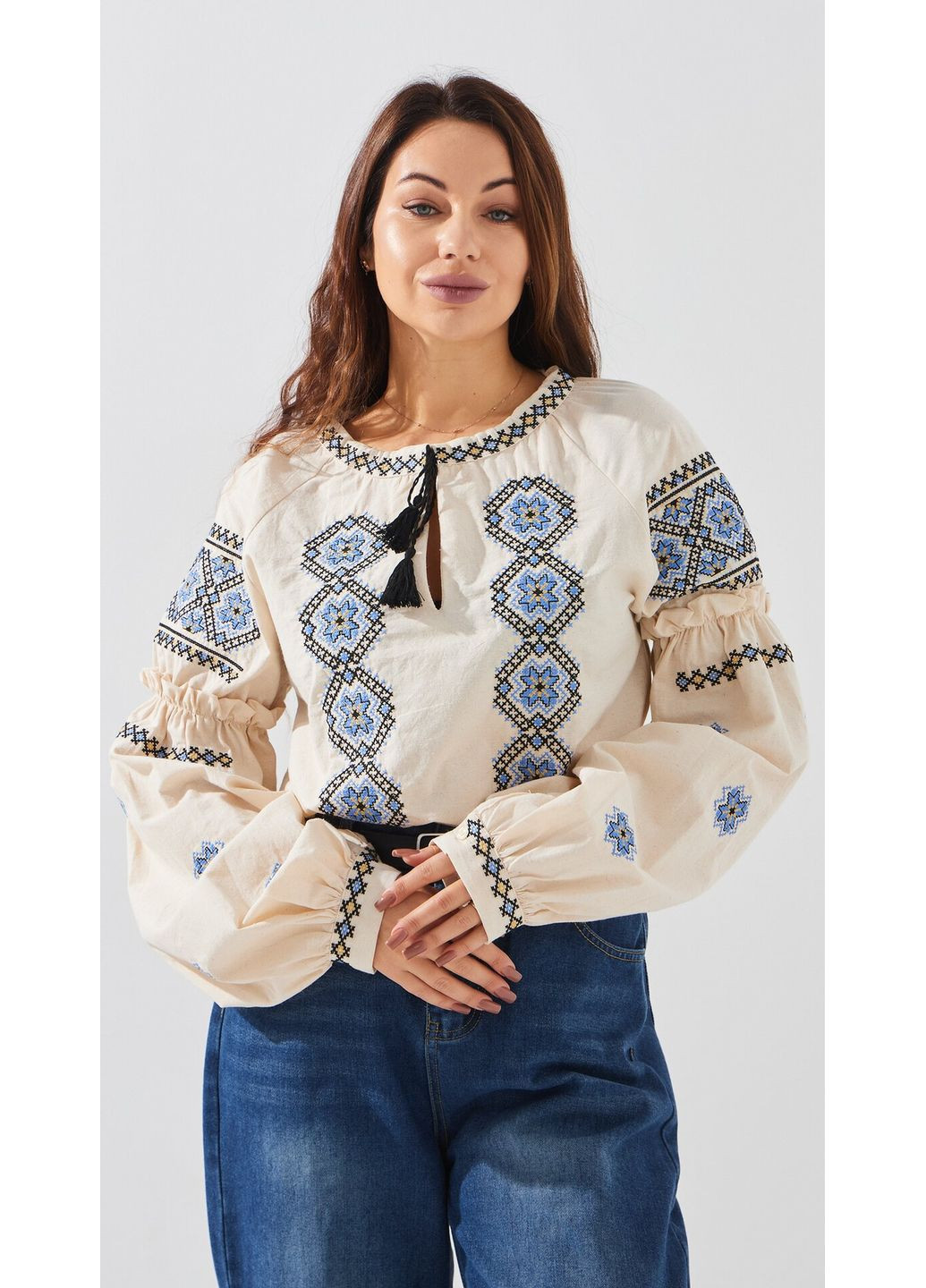 Светло-бежевая вышиванка рубашка с принтом женская 5962 светло-бежевый shop (2000999182563) On me хлопок (352576538)