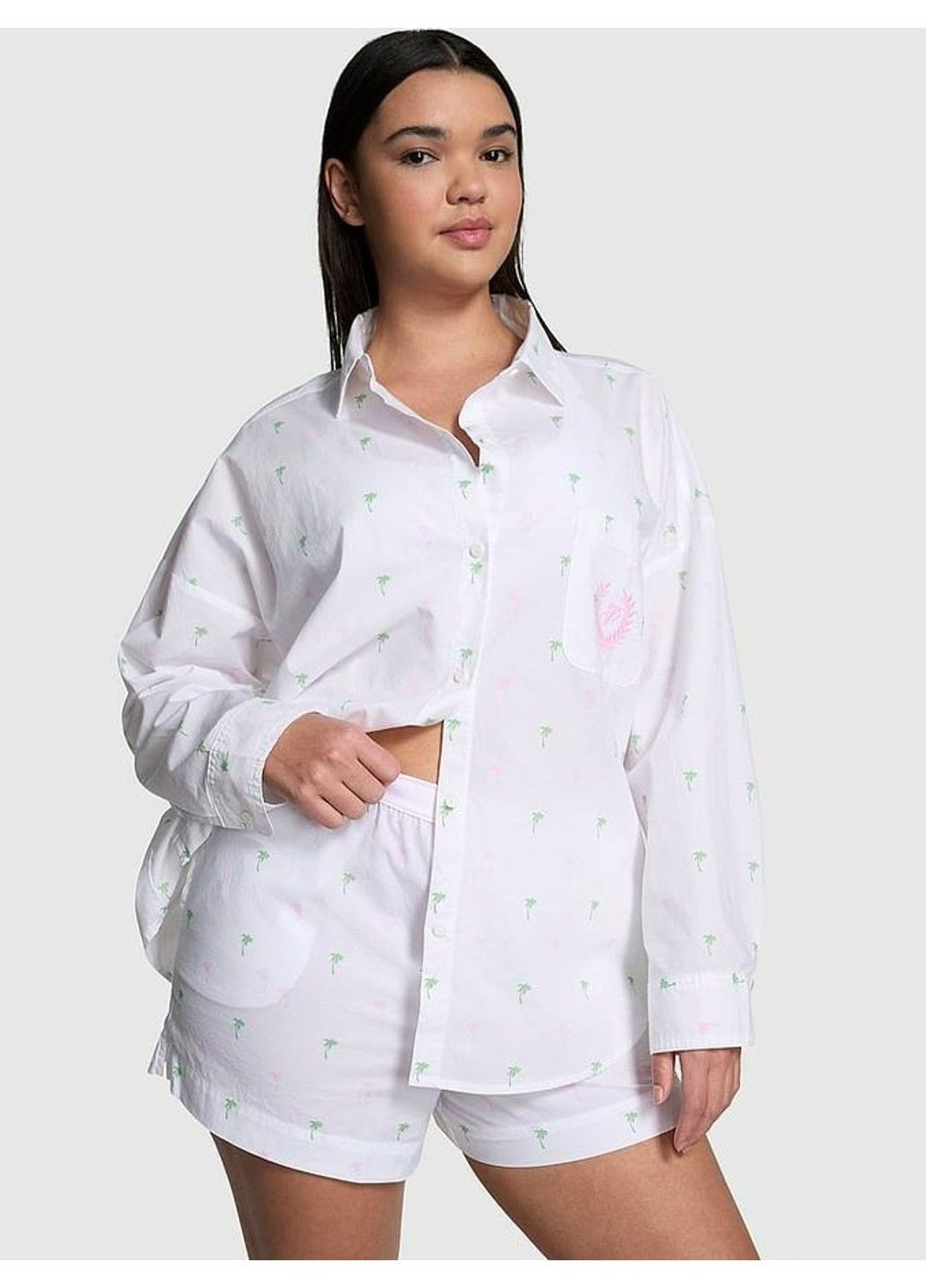 Белая всесезон пижама cotton poplin oversized button-down sleepshirt + boxer shorts Victoria's Secret