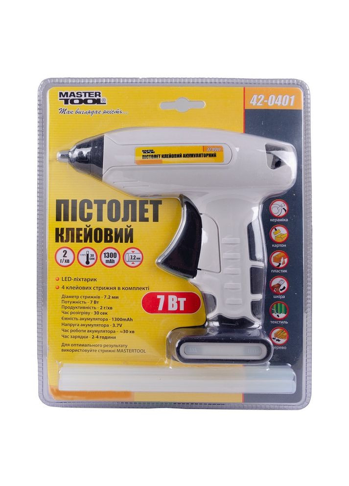 Пістолет клейовий акумуляторний Ø 7,2 мм DC3.7V, 1300mAh, "Крапля-Стоп" GM (42-0401) Mastertool (311558282)