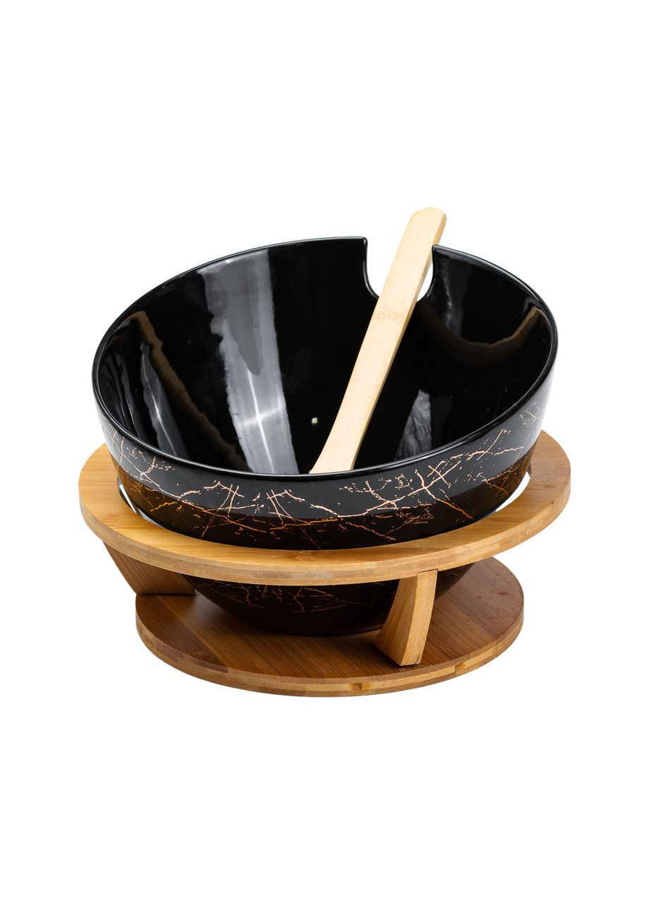 Салатница на бамбуковой подставке с ложкой Ø 25 см черная Yiwu (307121135)