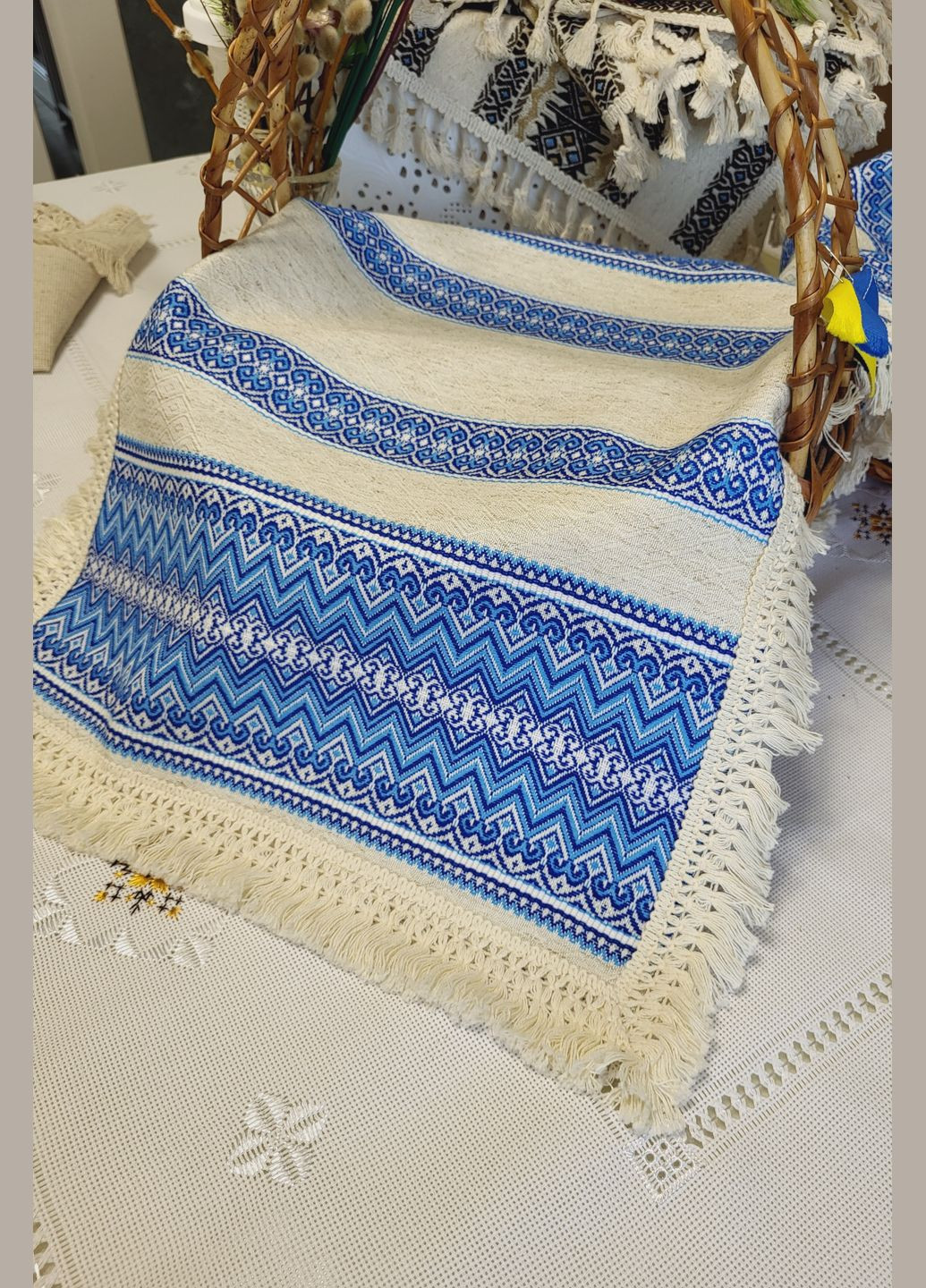 Ткано-декоративна серветка-рушник з бахромою на святковий кошик Hand Made (317205880)
