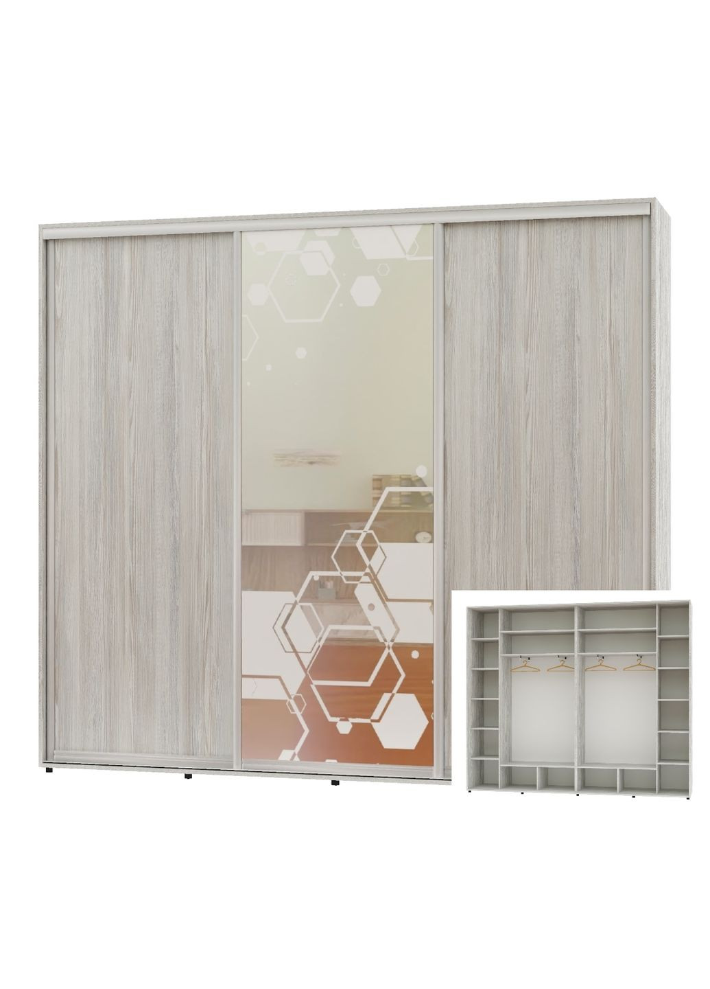 Шкаф-купе трехдверный 290*45*230 Сосна Натти 2 ДСП/Зеркало с пескоструйным рисунком Люкс-149 Алекса (360478765)