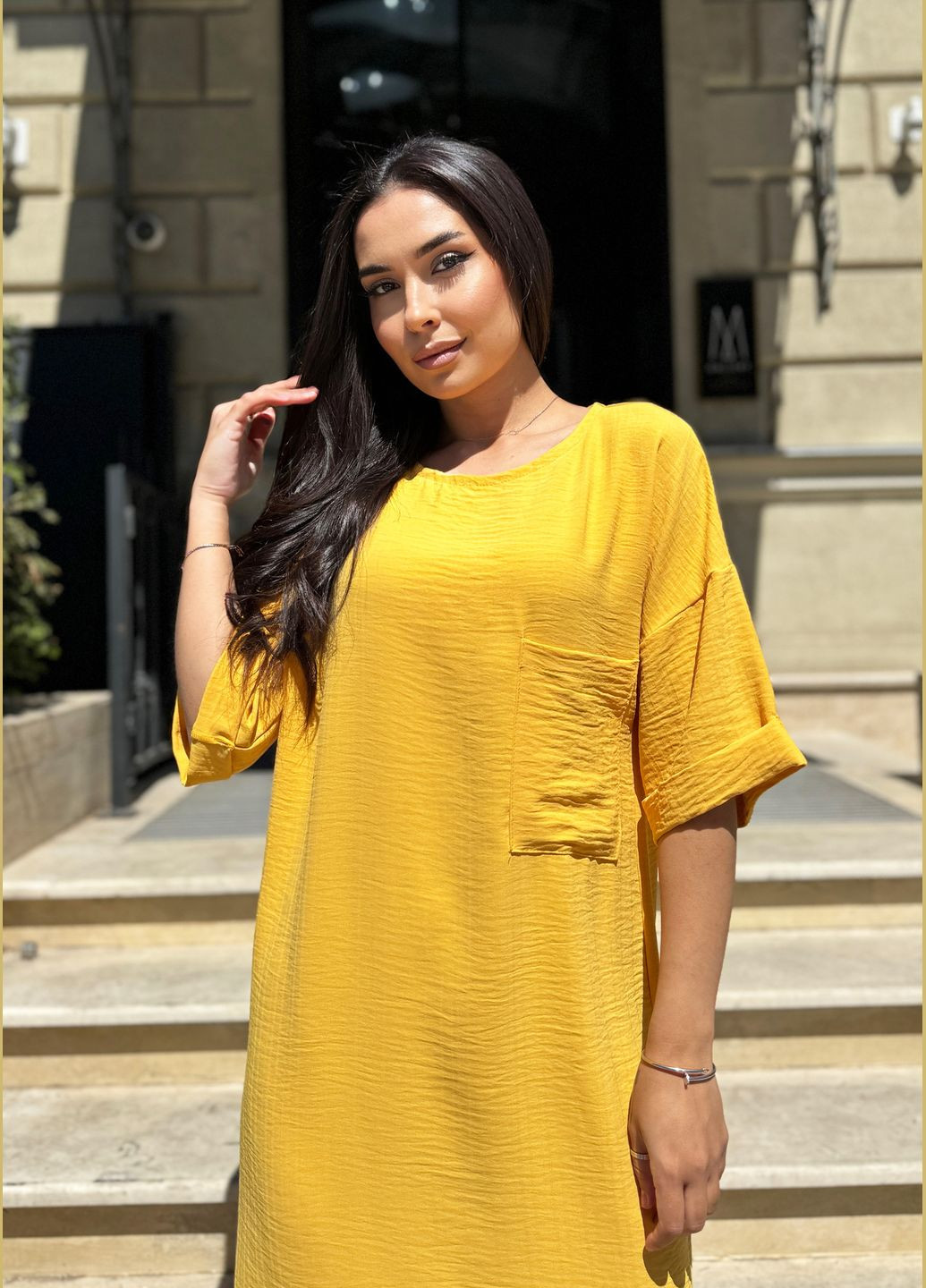 Желтое повседневный, пляжное летнее яркое желтое длинное платье оверсайз INNOE однотонное