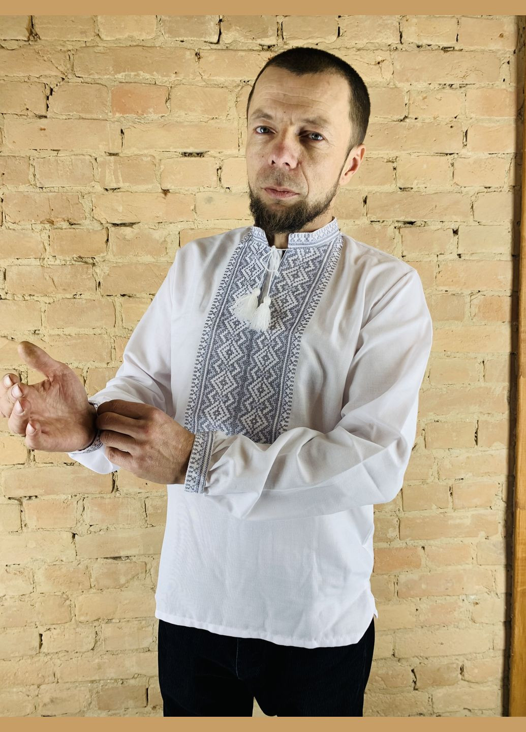 Белая мужская вышиванка гармония 2 длинный рукав НоКо свободная, прямой хлопок (303724278)