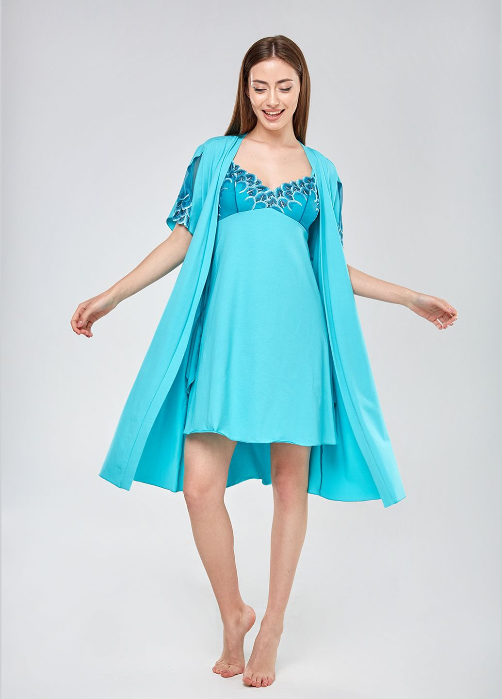 Нічна сорочка бірюзового кольору з мереживним ліфом ORA (305697080)