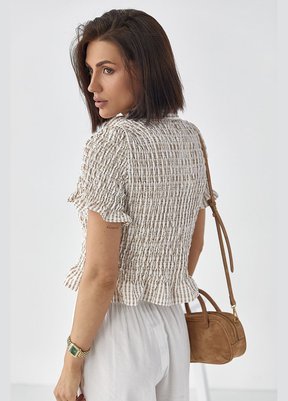 Кофейная полосатая блуза с эффектом жатки Lurex