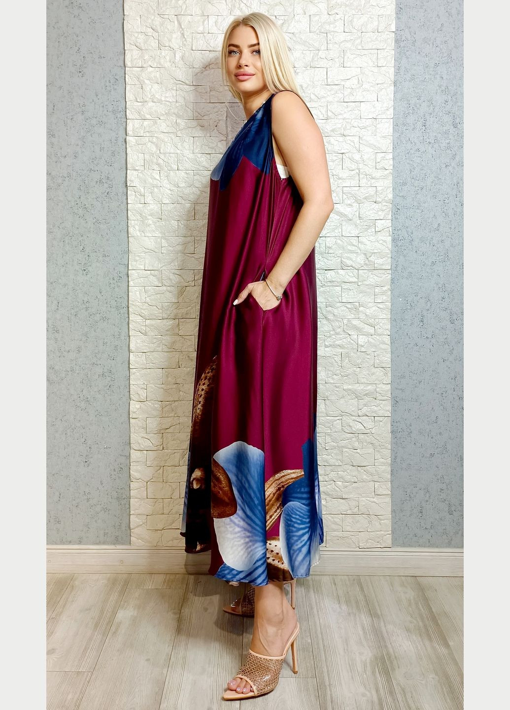 Бордовое повседневный, кэжуал платье а-силуэт LUX LUNA с цветочным принтом