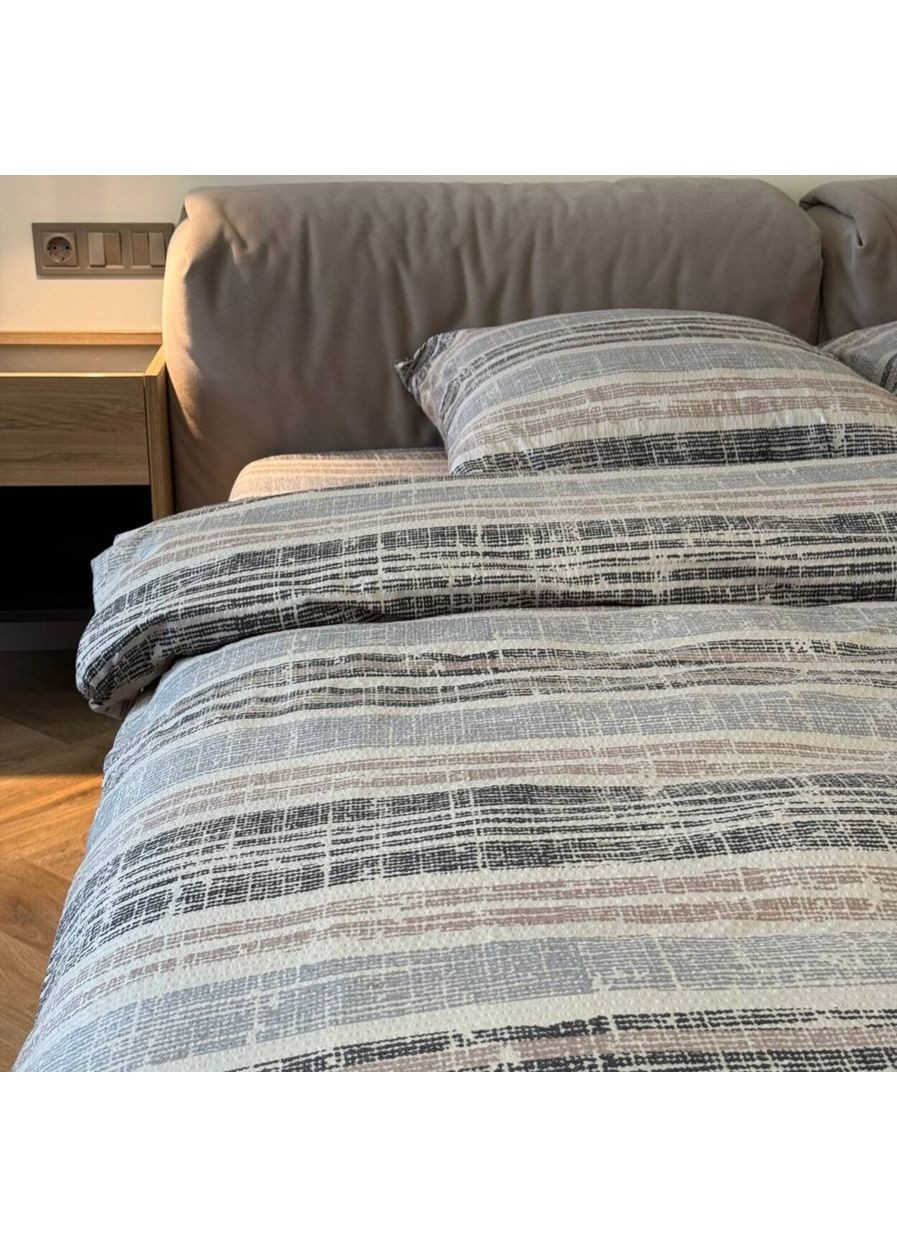 Комплект постільної білизни сімейний сіро-бежевий Смужки Жатка 67334 Ananasko (362209780)