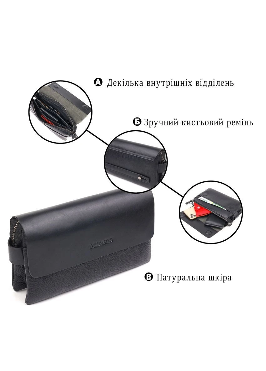 Красивий чоловічий клатч із натуральної комбінованої шкіри CANPELLINI Чорний Верховинка 21564 (398251726)