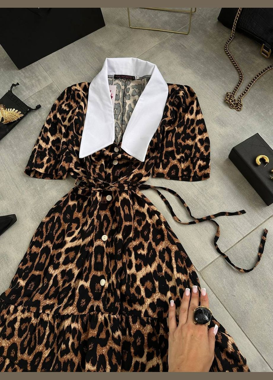 Коричневое леопардовое платье с коротким рукавом и воротником, из турецкой ткани, стильное и элегантное No Brand леопардовый