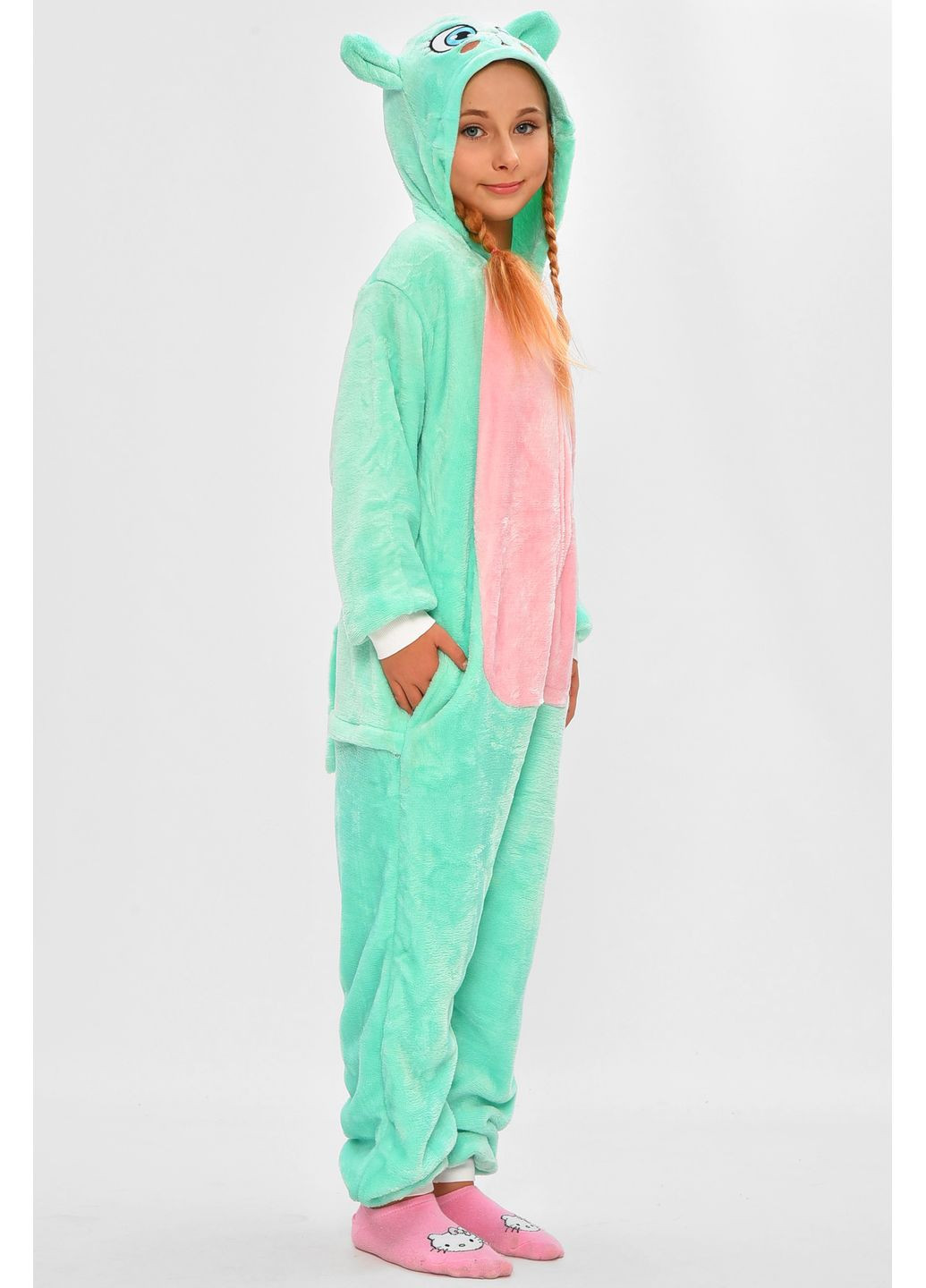 Мятная зимняя пижама кигуруми детская мятного цвета с принтом комбинезон Let's Shop