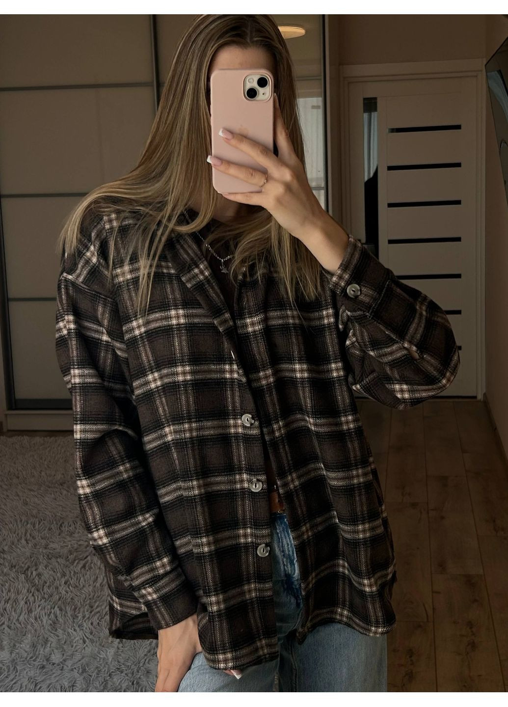 Коричневая повседневный рубашка в клетку DK/DL Мода без кордонів с длинным рукавом