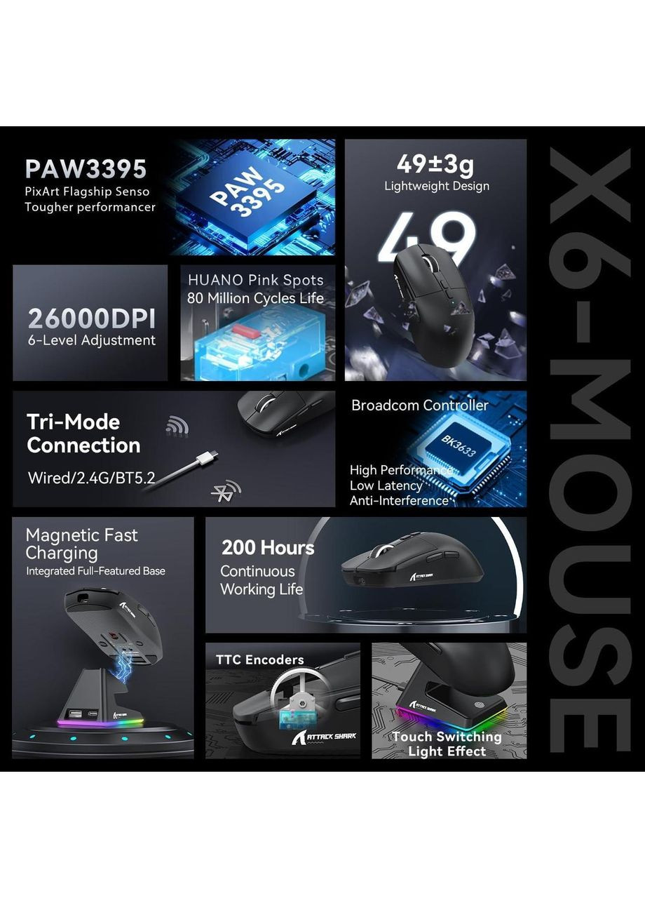 Ігрова бездротова миша X6 Black з зарядною станцією ATTACK SHARK (370202795)