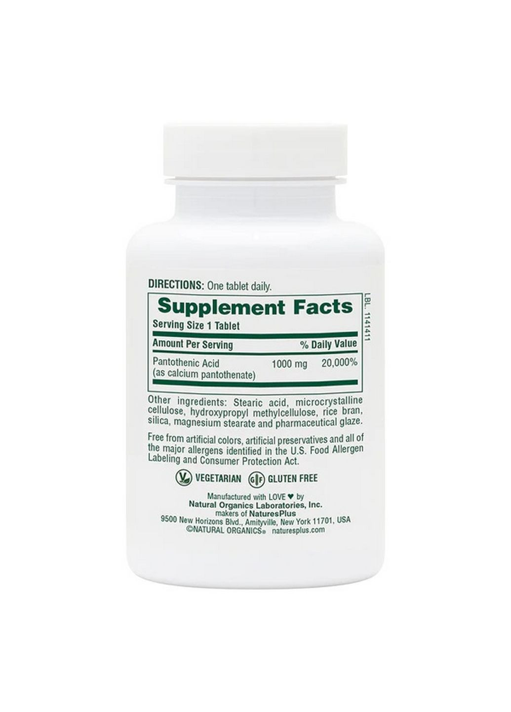 Витамины и минералы Pantothenic Acid 1000 mg, 60 таблеток Natures Plus (294928435)