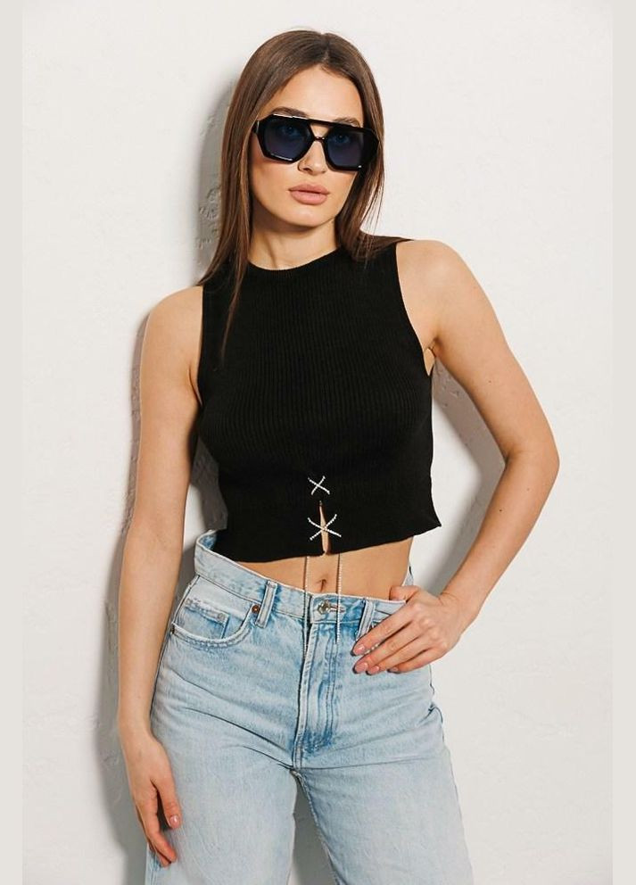 Кроп-топ женский вязаный с цепочкой из страз черный MKAR102112-2 Modna KAZKA — 336933532