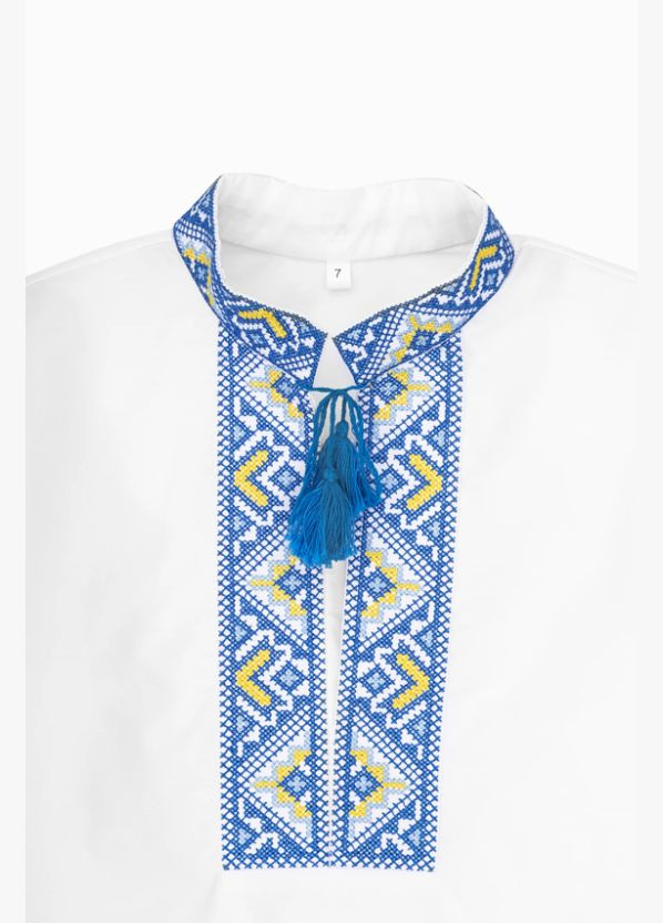 Белая вышиванка для мальчика желто-голубая Козачок узор орнамент поплин (317948566)