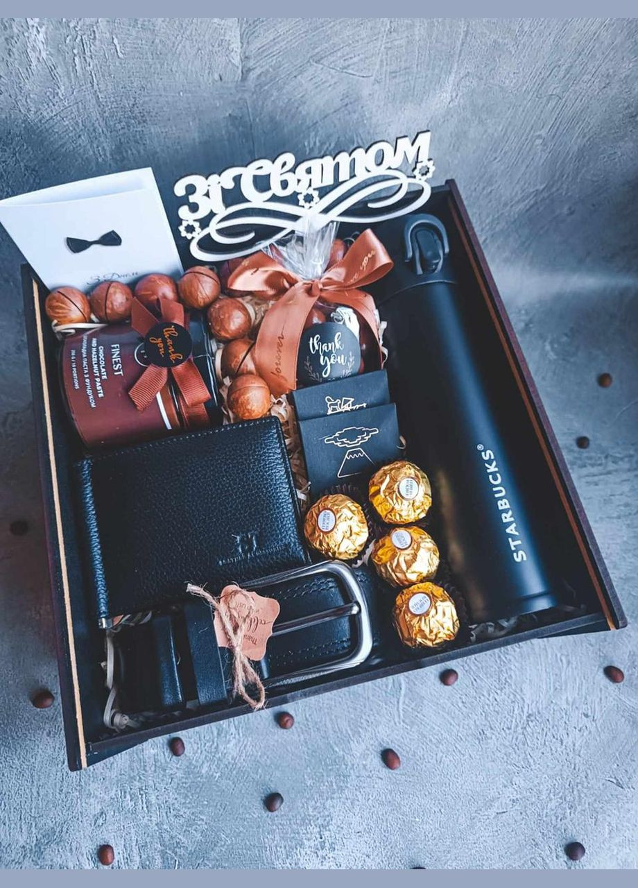 Подарунковий набір для чоловіка, друга, керівника “Gentleman’s Choice”: термос, ремінь, гаманець та солодощами No Brand (328451108)