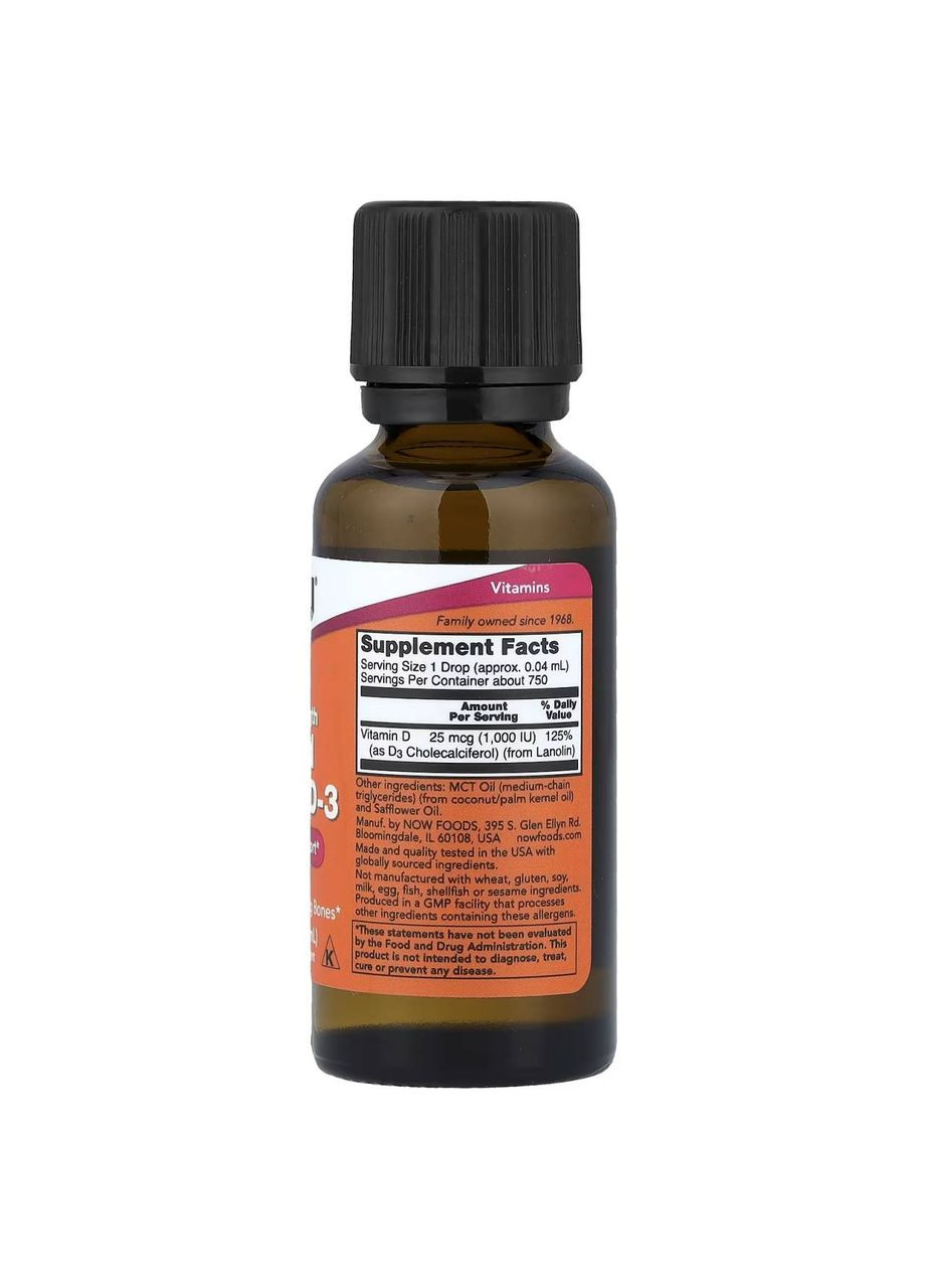 Рідкий вітамін D3, з підвищеною силою дії, 1000 МО, 30 мл Now Foods (361858658)