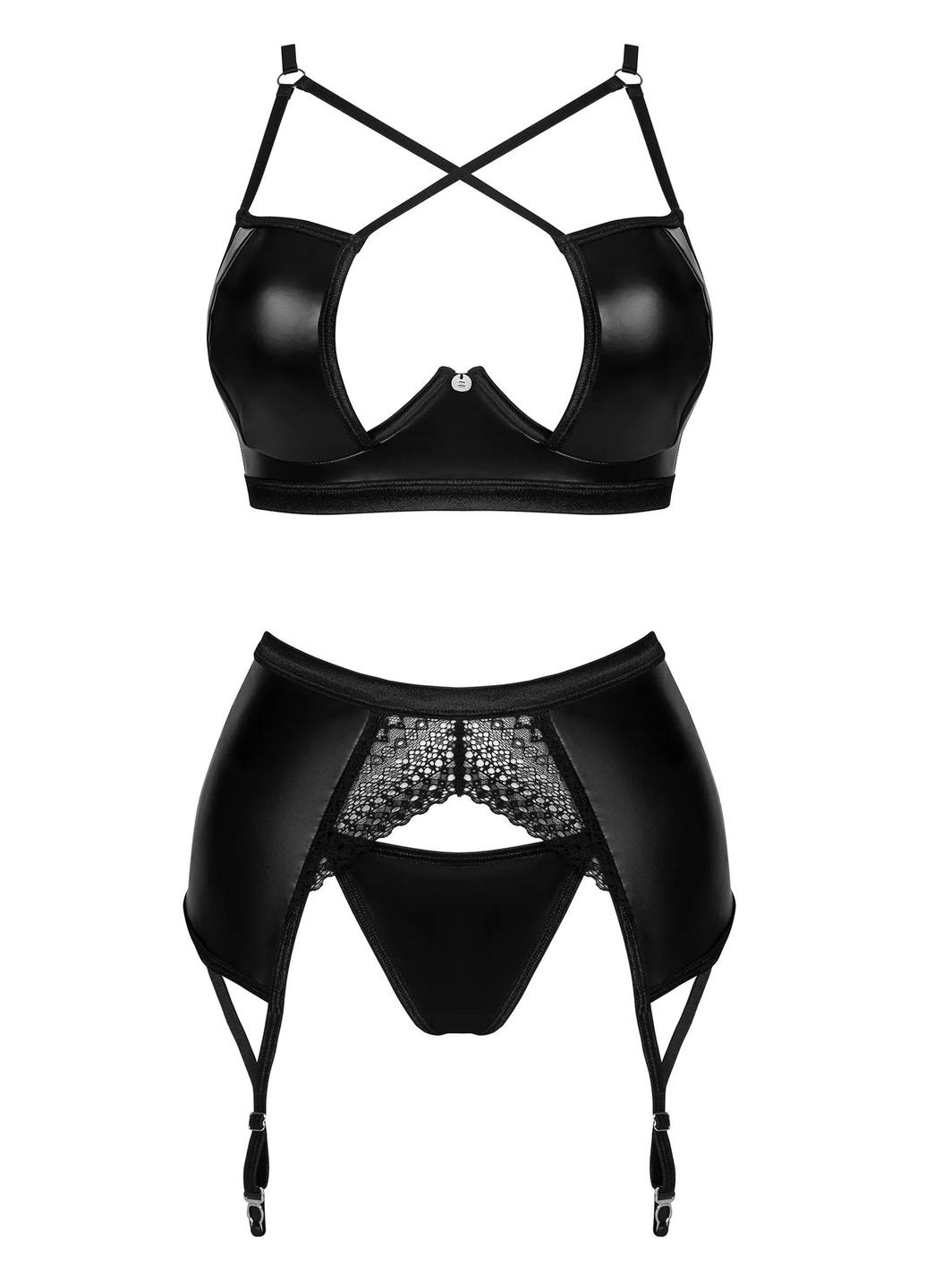 Черный демисезонный комплект латексный с поясом для чулок norides garter belt set Obsessive