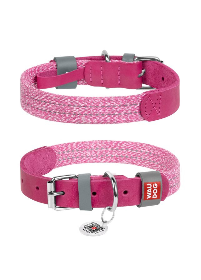 Нашийник для собак зі шкіри та відновленої бавовни Classic, M, Ш 20 мм, Дов 30-39 см рожевий WAUDOG (322002749)