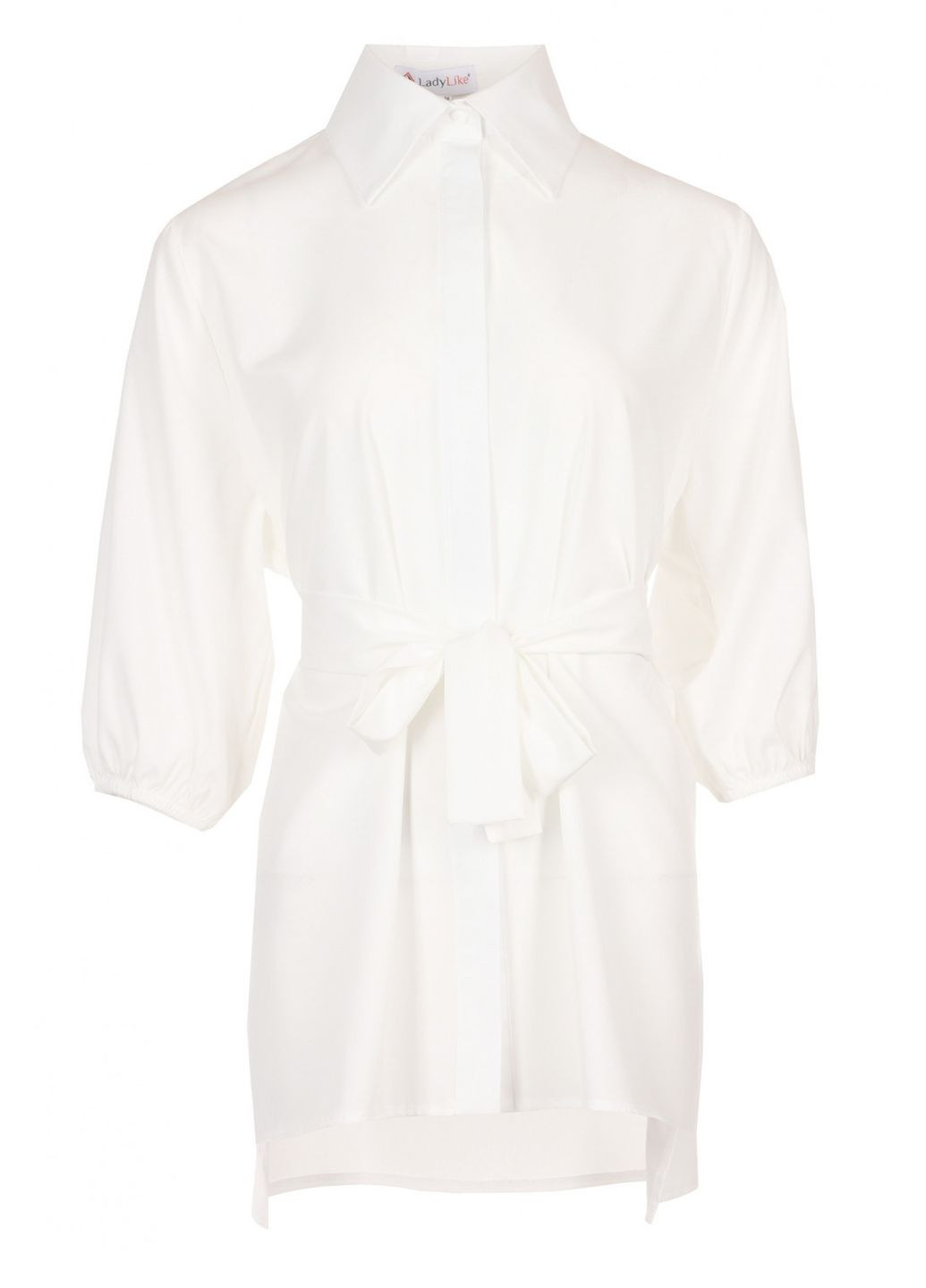 Белая женская удлиненная блуза с поясом и пуговицами (ll226510000) LadyLike