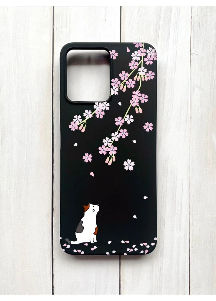 Матовий чохол на Xiaomi Redmi 12 Чорний:: Котик і сакура (принт 283) Creative (360692650)