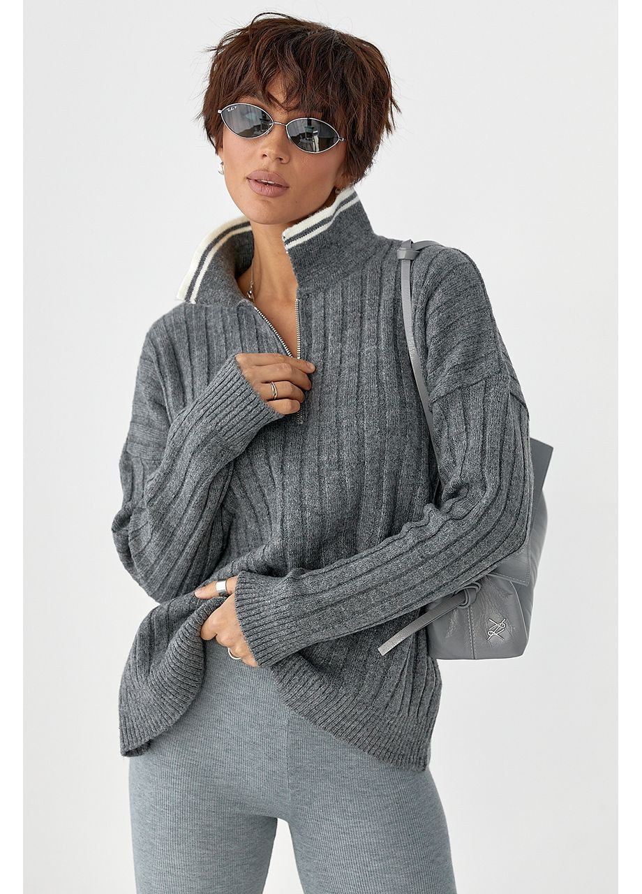 Вязаная кофта-поло в широкий рубчик - коричневый цвет Lurex (370601898)