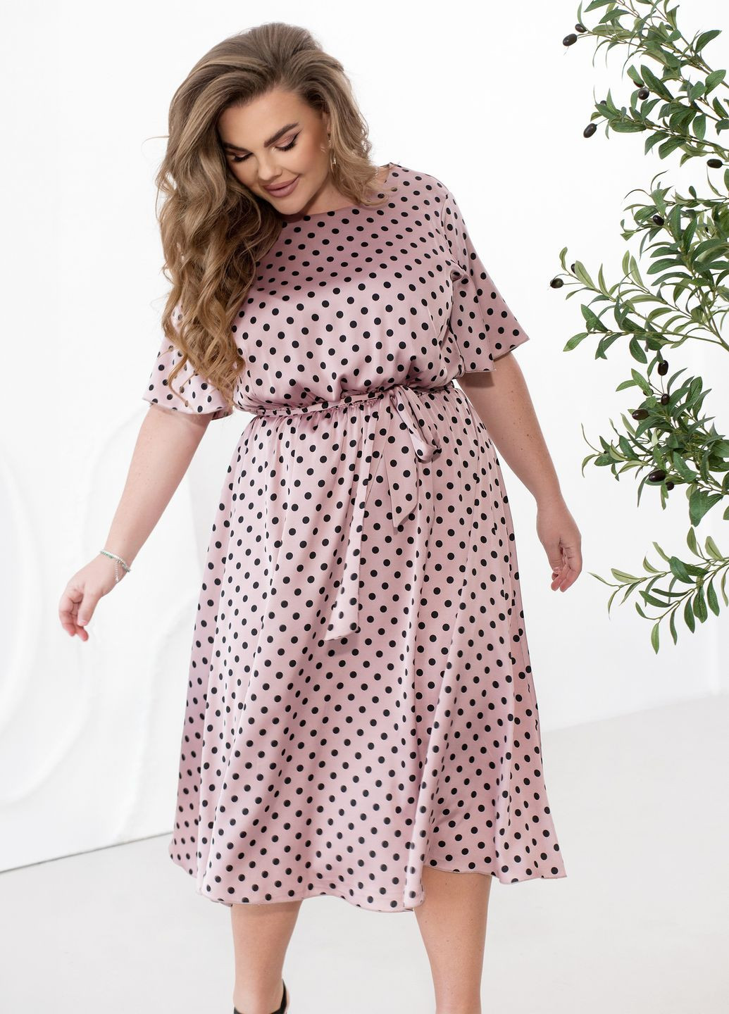 Розово-лиловое праздничный, коктейльное, вечернее шелковое платье в горошек с поясом колокол, а-силуэт No Brand в горошек