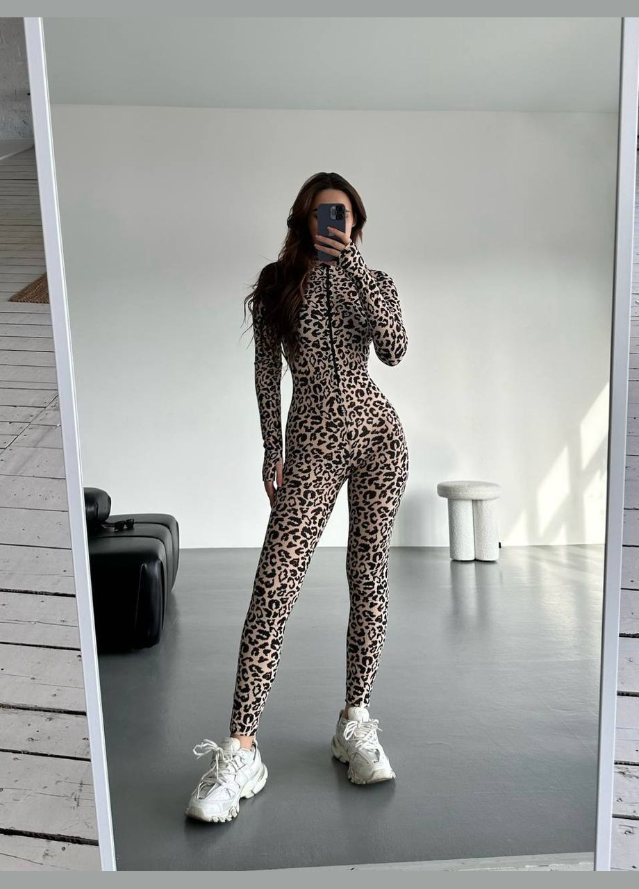 Женский комбенизон с молнией No Brand комбинезон-брюки леопардовый серо-бежевый спортивный, повседневный, вечерний, домашний, кэжуал
