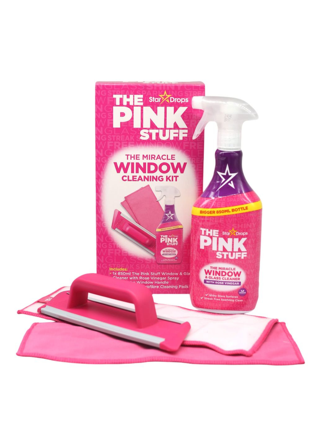 Pink Stuff Набір Спрей-засіб для миття вікон та скла 850 мл + щітка для миття скла + серветки 2 шт The Pink Stuff (303355702)