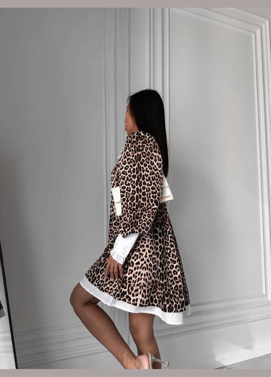 Коричневое красивое принтованное летнее платье с длинным рукавом в одном размере 42-48, свободное oversize платье в леопардовом цвете No Brand