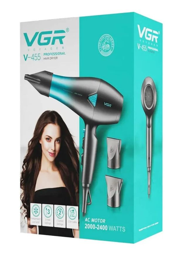 Фен для волос 2000 Вт,2 скорости для сушки и укладки синий (2390000038) VGR V-455 (344465689)