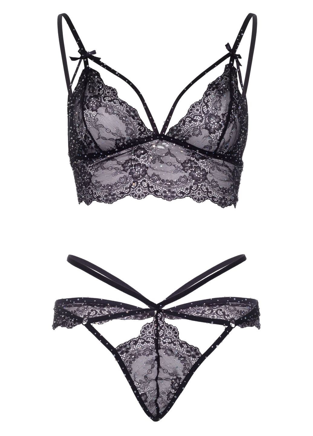 Чорний демісезонний еротичний комплект зі стрепами та стразами ready or not black (бра + стрінги) - cherrylove Leg Avenue