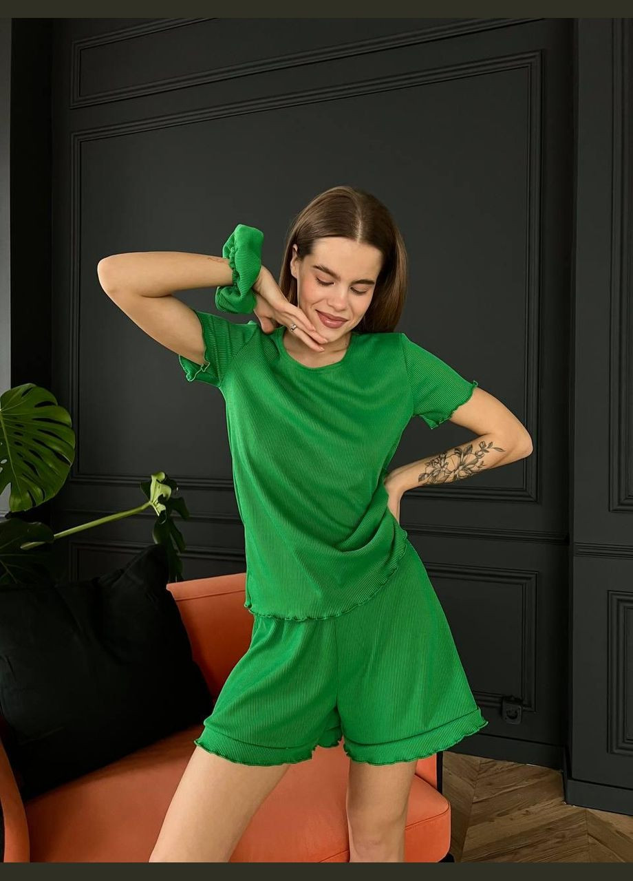 Зеленая всесезон пижама женская комплект шорты футболка резинка для волос футболка + шорты JUGO m523