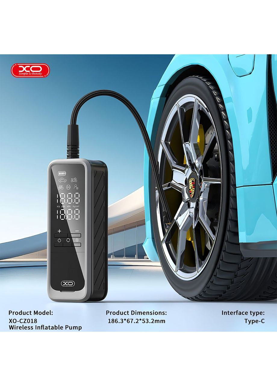 Автомобильный компрессор портативный аккумуляторный 2 в 1 фонарь LED-дисплей 5000 мАч (CZ8162) XO (361161970)