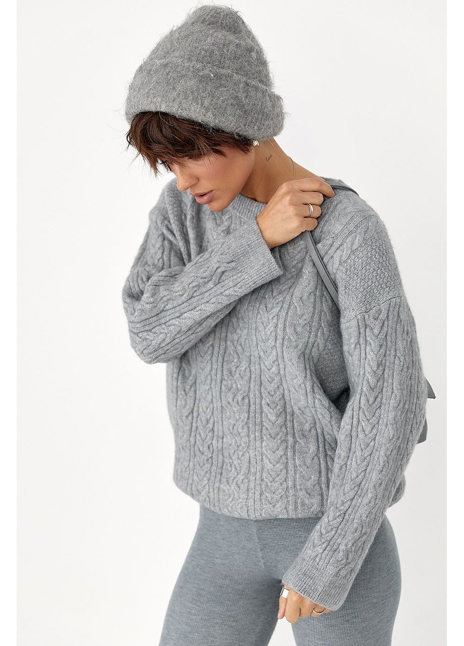 Сірий зимовий в'язаний светр у косички Lurex