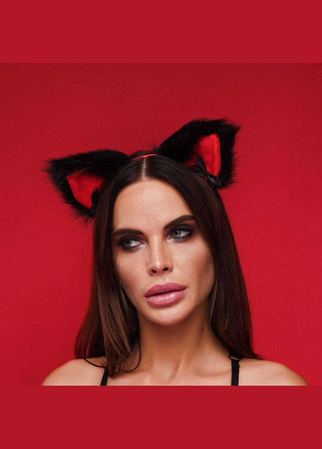 Меховые ушки кошки с бантиком, Черные с красным, Черный OKOVA (315149152)