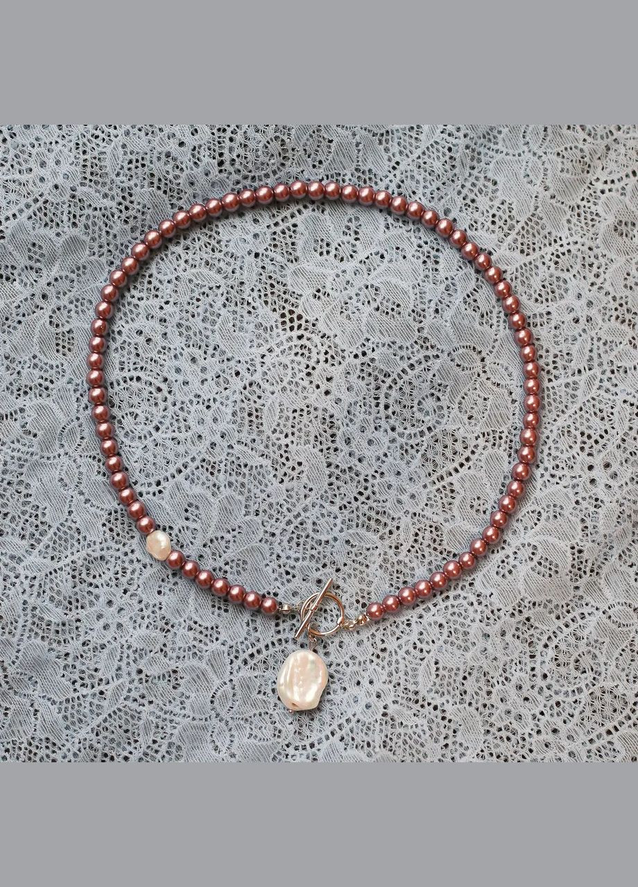 Кольє наутральні барокові Перли та намистини "Майорка" колір теракотовий L-45 см фурнітура гіпоалергенний сплав No Brand перли (культивовані) латунь родій (302678887)