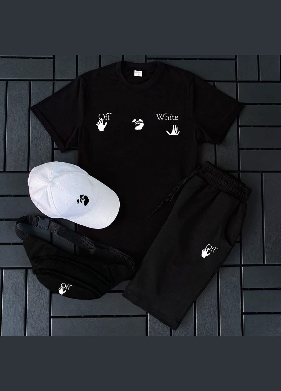 Чорний комплект off-white (футболка,шорти,кепка,бананка) No Brand