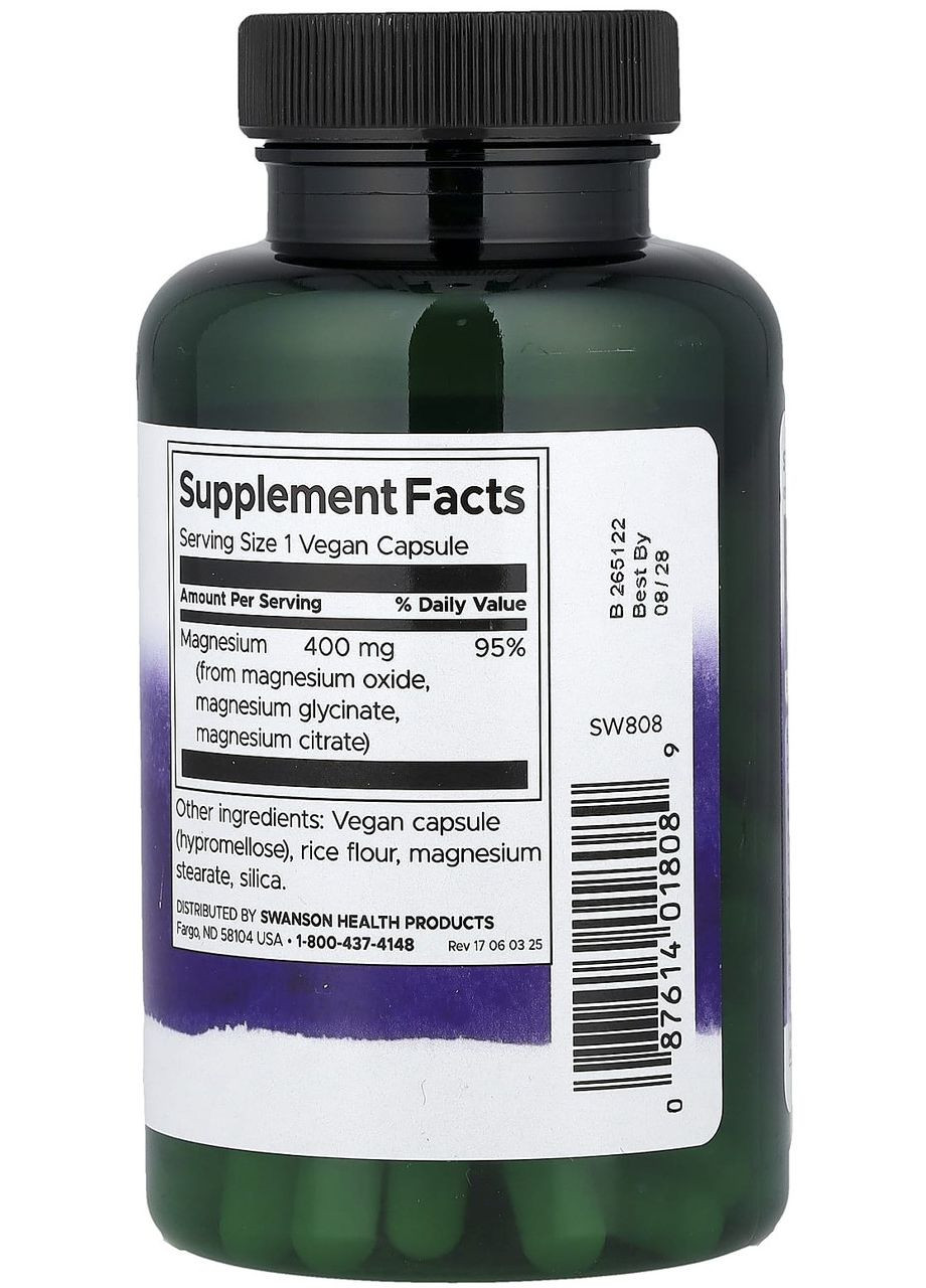 Комплекс с тройным магнием, 400 мг, 100 капсул,. Swanson (372467447)
