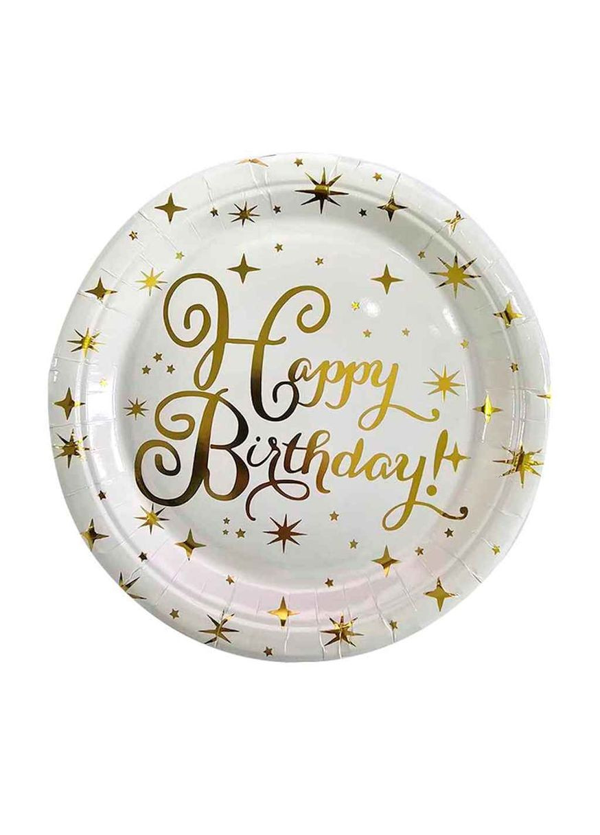 Тарілки "Зірочки" 10шт/уп паперові "Happy Birthday білі з зол. зірочками #25" PELICAN (363328782)